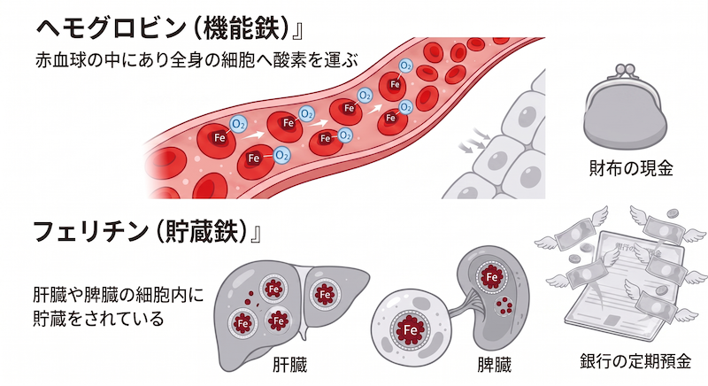 ヘモグロビンは日々の支払いに使う「財布の現金」、フェリチンはいざという時に備える「銀行の定期預金」に相当します