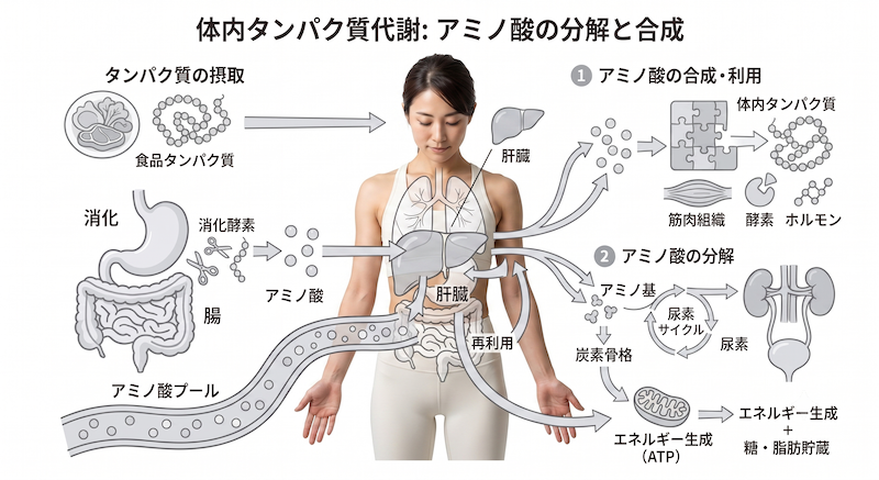 タンパク質はまさに生化学代謝の「1丁目1番地」であり、これが不足すると代謝の歯車全体がストールしてしまいます。 しかし問題は、「摂取したタンパク質が体内で正しく分解・再合成されているか」にあります。