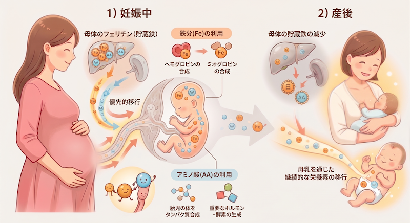 妊娠中期以降、お腹の赤ちゃんのすこやかな成長と赤血球づくりのため、母体の貯蔵鉄（フェリチン）やアミノ酸は胎盤を通じて優先的に赤ちゃんへと移行し続けます。
