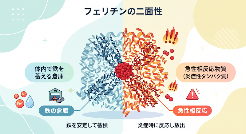 フェリチンは一般に「体内で鉄を蓄える倉庫」として知られていますが、生化学的には「急性相反応物質（炎症性タンパク質）」というもう一つの顔を持っています